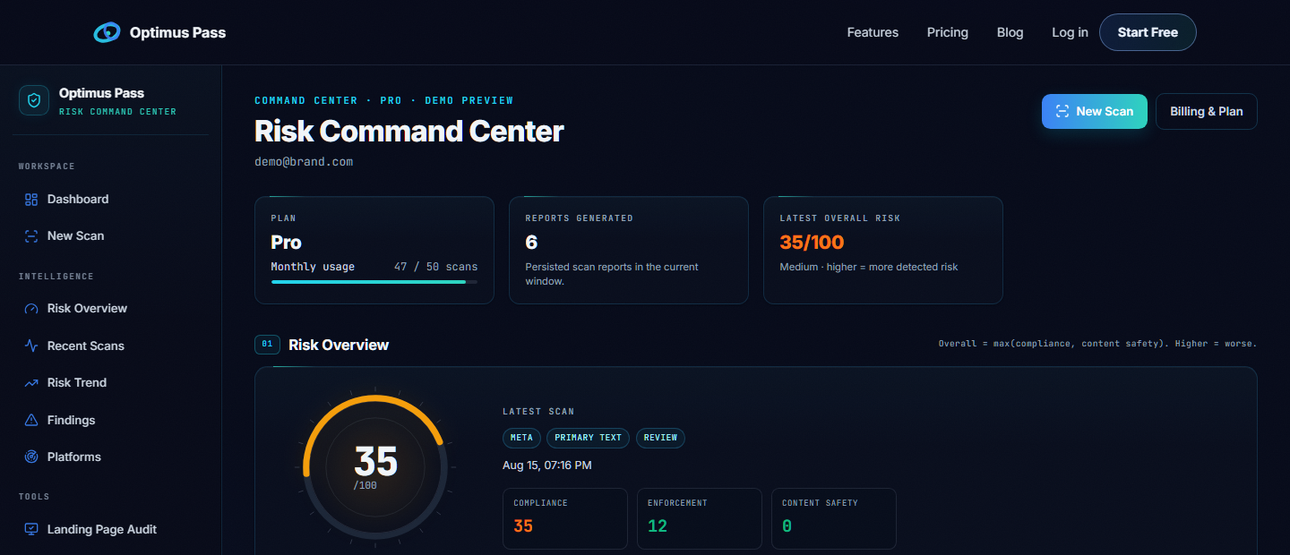 Optimus Pass Risk Command Center dashboard showing the risk gauge, recent scans, and readiness sections